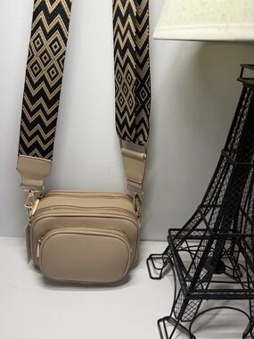 Neutral Beige Crossbody Bag with Patterned Strap